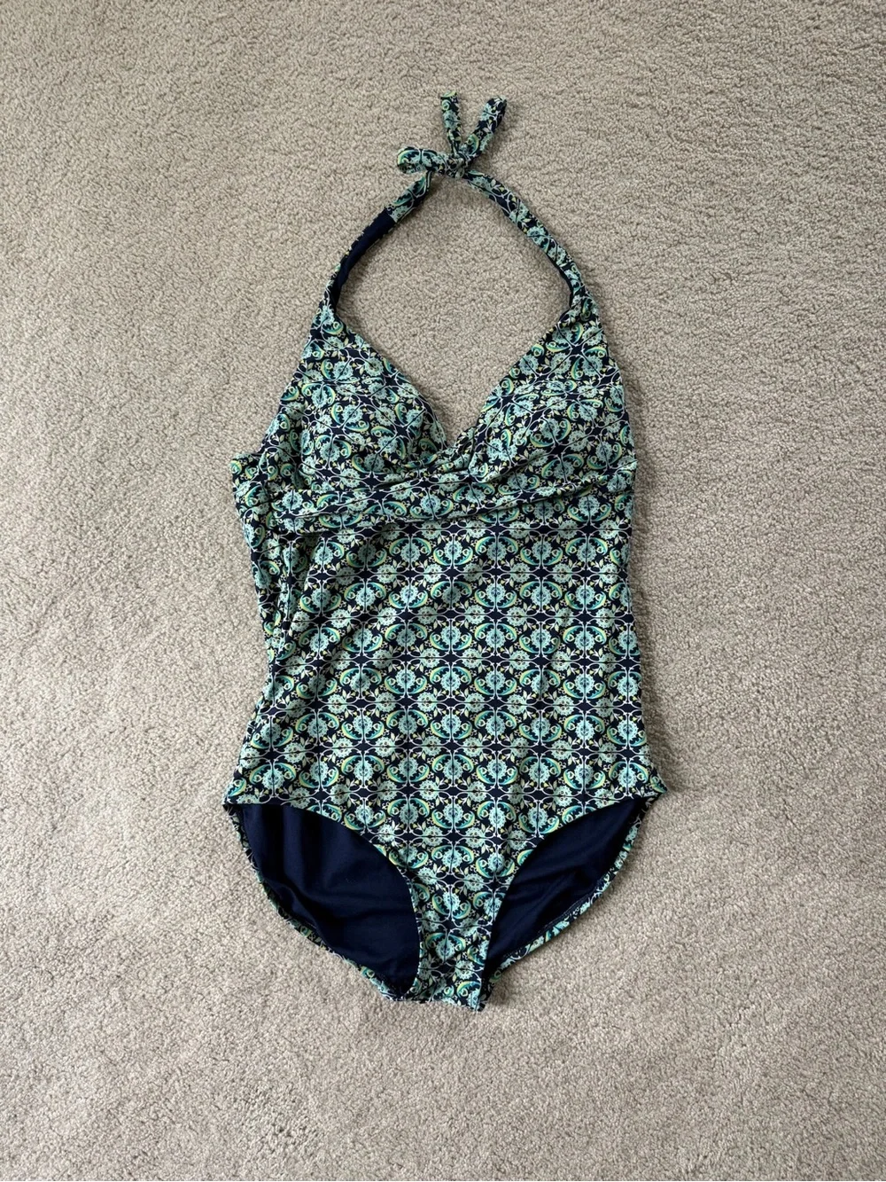 Merona Green and Navy Patterned Halter One-Piece Swimsuit Large